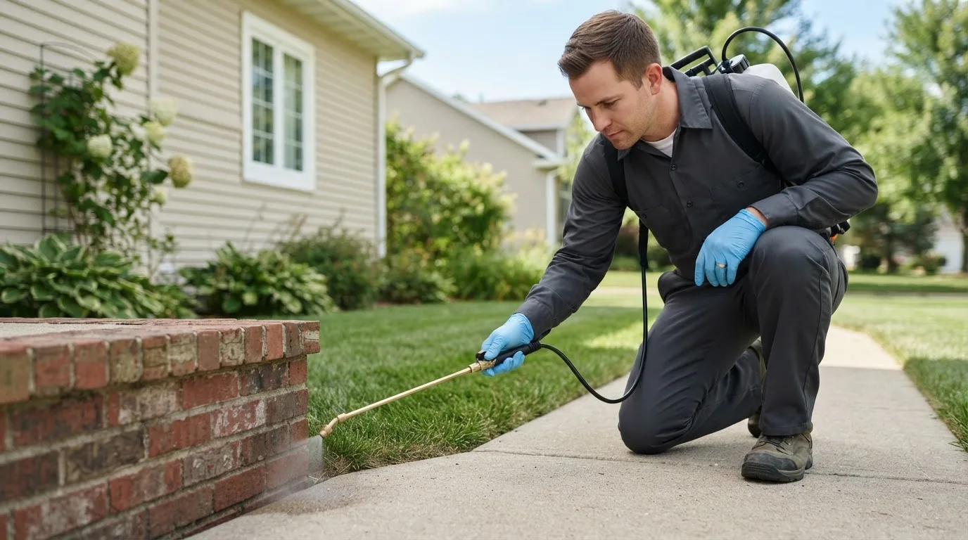 Pest control technician treating a home near South Sterling, PA